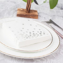 80 Pack of White Paper Cocktail Napkins with Gold Foil Polka Dot Confetti，Polka Dot Party Supplies(5 x 5 in，3-ply) (Silver)