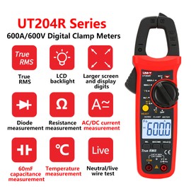 UNI-T UT204R Digital Clamp Meter Temperature AC DC Current Voltage Resistance Tester Multimeter