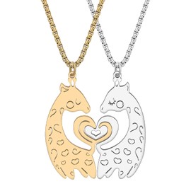 HUAGEO Valentines Day Stainless Steel 2pcs Cute Giraffe Necklace Deer Pendant Matching Animals Jewellery Charms For Women Couples Holiday Gifts (18K Gold and Silver Plated)