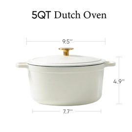 CAROTE 5QT Enameled Cast Iron Dutch Oven Pot with Lid, Heavy-Duty Dutch Oven for Sourdough Bread Baking, Braising, Stews, Roasting, Healthy & Non-Toxic, Dual Handles, All Stovetop Compatible, Oven Safe up to 500° F, White