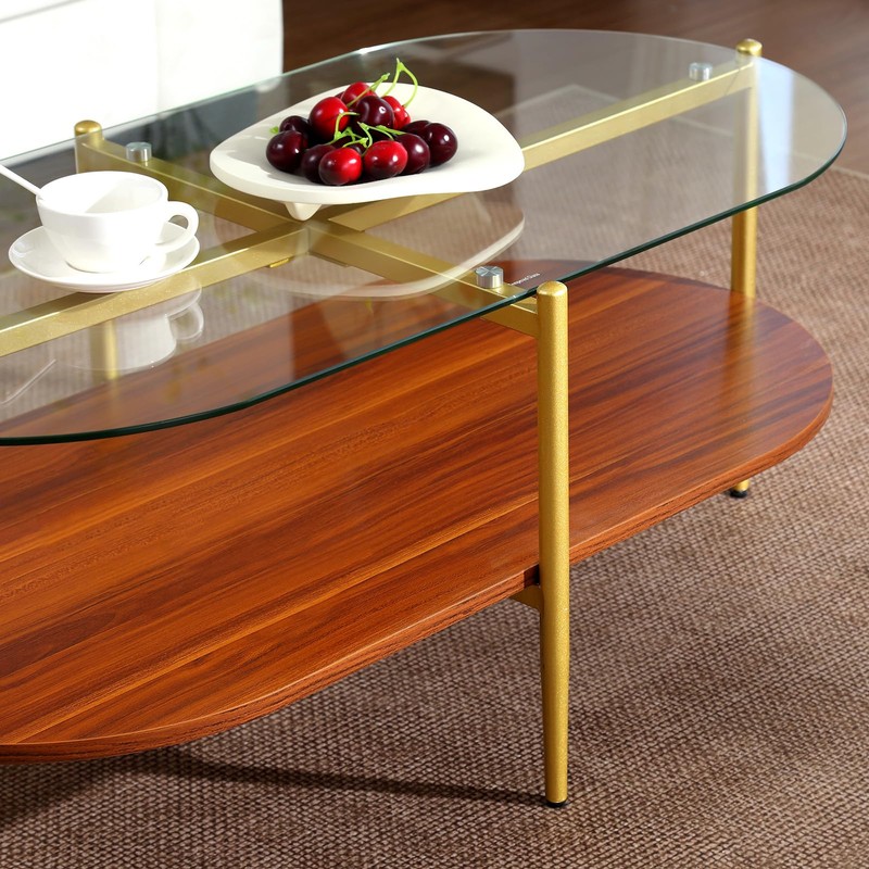 Glass and Wood Coffee Table, Mid Century Modern Design, Clear