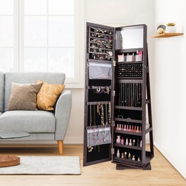 LOKO 360° Rotating Jewelry Armoire, Freestanding Jewelry Cabinet with Inside Makeup Mirror, 2-in-1 Lockable Jewelry Organizer w/Full-Length Mirror for Women (Espresso)
