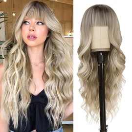 NOSTALGIA Blonde Wig with Bangs 26 Inches Long Wavy Ombre Blonde Wig with Dark Roots Synthetic Heat Resistant Wigs for Women Daily Party Use