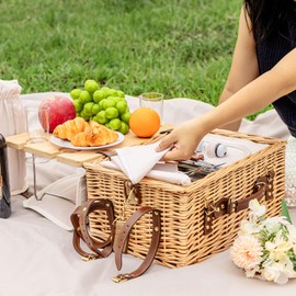 Multifunctional Wicker Picnic Basket Set for 4 Blanket Family Folding Wine Table,Insulated Portable Extra Big Storage Capacity Natural Woven Rattan Canasta De Full Tablewares Camping Outdoor Flowers