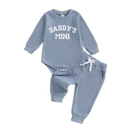 Baby Boy Fall Winter Outfit Daddy's Mini Embroidery Waffle Bodysuit Long Sleeve Romper Solid Jogger Pants Cute Newborn Clothes Welcome Home Photo Shoot Baby Announcement (Blue, 12-18 Months)