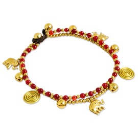 NOVICA Artisan Handmade Dyed Quartz Anklet Red Charm with Brass Beads Bells Agate Gold Tone Beaded Thailand Animal Themed Bohemian Birthstone Elephant [9.5 in min L x 9.75 in max L 8 mm W Charm(s) 0]