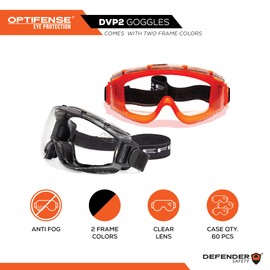 Defender Safety DVP2 Clear Safety Goggles, Eye Protection, Anti Fog, Impact & Chemical Resistant, ANSI Z87+ (Orange)