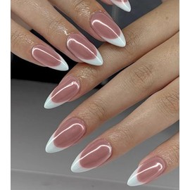 Artquee French Tip Press on Nails Medium Length Lilac French Shine Almond False Tips White Glossy Reusable Fake Stick on Nails Kit for Women - 30 Pcs 15 Sizes