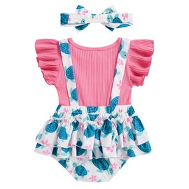 UNICOMIDEA Baby Girl Summer Clothes Turtle Romper 12-18 Months Green Infant Outfit With Headband Fashion Animal Toddler Girls Bodysuit Ruffled Sleeves Baby Jumpsuit Set