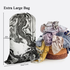Swono Abstract Marble Texture Laundry Bag with Strap Large Dirty Clothes Organizer Watercolor Ink Painting Liquid Acrylic Easy Fit Laundry Hamper or Basket, Carry Up to 4 Loads of Laundry, Black White