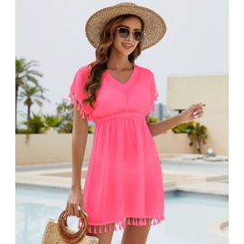 Onfettic Women’s Beach Dress, Summer Swimwear, Beach Tunic, Chiffon Beach Poncho, Summer Dresses, Bikini Cover Up with V-Neck, rose red