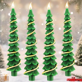 Ceoighe 4 Pcs 10 Inch Christmas Tree Candles, Premium Natural Unscented Beeswax Christmas Tree Shaped Taper Candles with Cotton Wick, for Xmas Holiday Decor, Party, Banquet (Green with Golden Rattan)