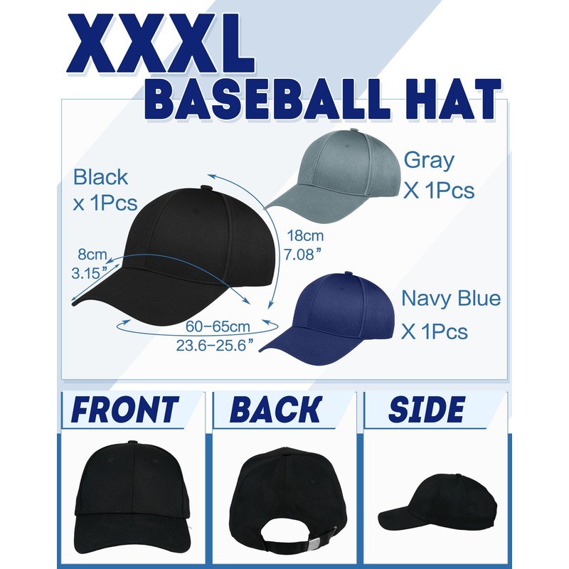 Yahenda 3 Pcs XXXL Oversize Baseball Cap 23.6-26.8 Inches Adjustable