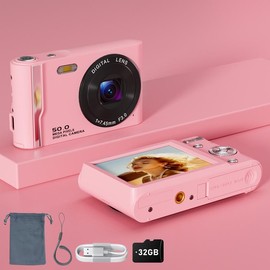 Digital Camera, 2025 Newest FHD 4K Digital Camera for Kids with 16X Zoom, Flashlight, 32GB Card, 50MP Point and Shoot Camera Compact Small Digital Camera for Teens, Girls, Boys - Color: Pink+32GB