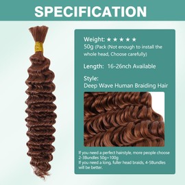 20 Inch 50g Human Braiding Hair 1 Bundles/Pack Deep Wave Bulk Human Braiding Hair for Boho Braids Wet and Wavy Brown Braiding Hair #30 Color No Weft Micro Braiding Hair Human Hair Extensions