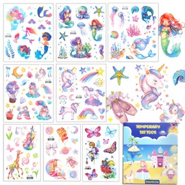 Dawnglow Children's Mermaid Tattoos, 8 Sheets Glitter Tattoos, Children's Unicorn Tattoos, Butterfly Fairy Tattoos, Skin-friendly Children's Temporary Tattoos
