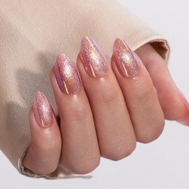 VSALON Press on Nails Short Almond - Pink Cat Eye Pastel Glitter Holographic Fake Nails Kit, Reusable Opaque Gel Chrome Glue on Nails with Glue & Cuticle Oil - 32 PCS in 16 Sizes Gifts for Women