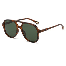 YAMEIZE Retro Polarised 70s Rectangle Sunglasses for Women Men Pilot Square UV400 Protection Oversized Double Bridge Glasses Driving Outdoor, Leopard Green