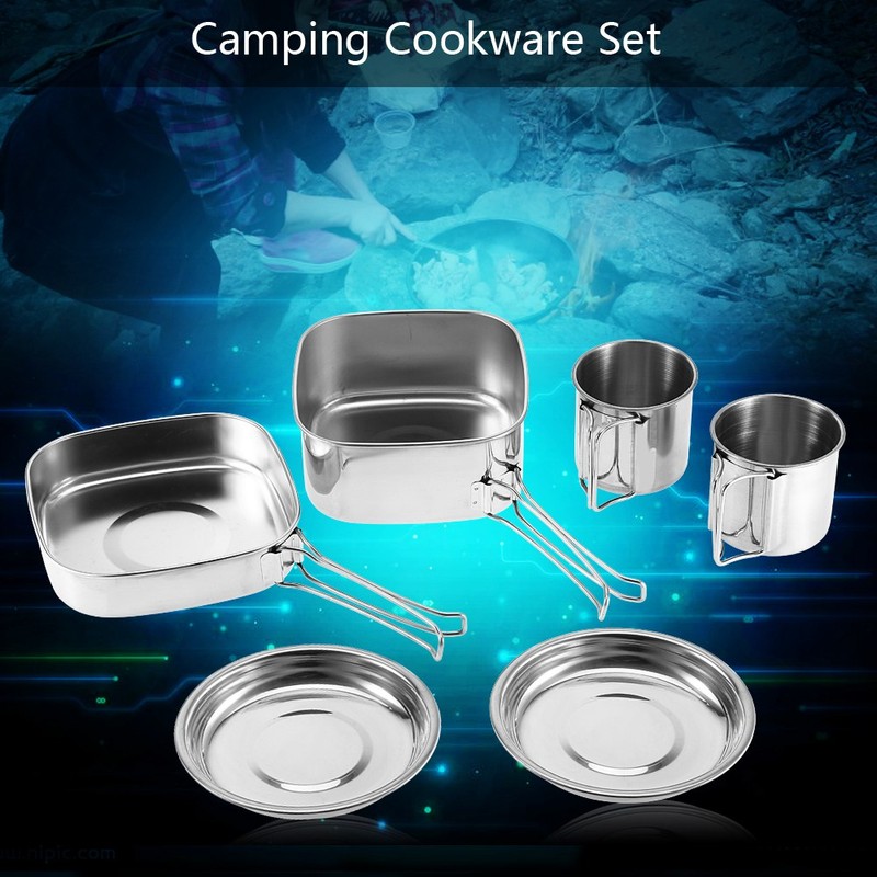 6Pcs Portable Stainless Steel Cookware Set Camping Picnic Outdoor Pan