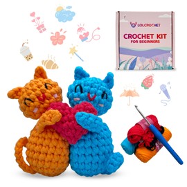 Love Heart Cat Crochet Kit for Beginners, Learn to Crochet Animal Starter Set with Video Tutorial & Crocheting Manual, Easy Yarn Knitting Kit for Adult & Kid 12+, Stuffed Kitten Doll Xmas Gift Idea