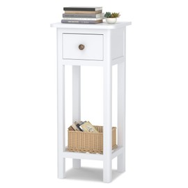 Giantex Tall End Table, Narrow Side Table with Drawer and Shelf, Acacia Wood Nightstand for Living Room, 2-Tier Bedside Table for Small Space, No Assembly, White