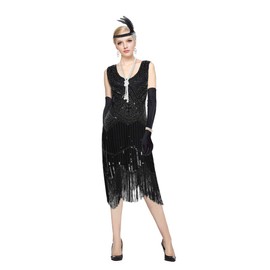 1920s Gatsby Sequin Fringed Paisley Flapper Midi Dress with 20s, Black, Size Large