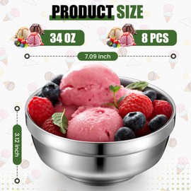 Funnymoom 8 Pack Stainless Steel Bowls Double Walled Insulated Soup Bowls Ice Cream Bowls Metal Mixing Bowls Nesting Bowls for Serving Soup Rice Cereal (34 oz)
