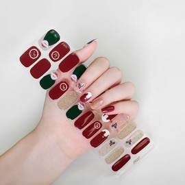 Christmas Semi Cured Gel Nail Strips, Snowflake Winter Glitter Gel Nail Stickers Long Lasting Cute Red Green Santa Claus Holiday Semicured UV Nail Wraps UV Light Required for Women Girls(20Pcs)