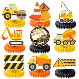 9PCS Construction Honeycomb Centerpieces Themed Birthday Party Decorations Excavator Truck Centerpiece Table Decoration Party Favors Decor Supplies Gifts for Boys Girls Men Women