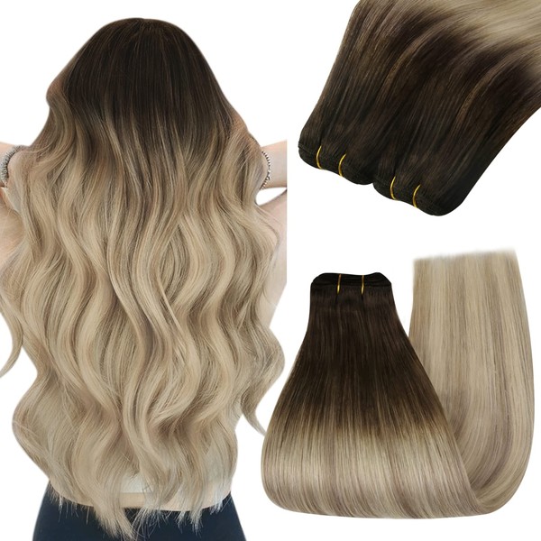YoungSee Real Hair Wefts Balayage Remy Hair Weaving Extensions Real Hair #4/14/60 Dark Brown Ombre Dark Blonde with Platinum Blonde Weaving Extensions Real Hair Balayage 40 cm Double Wefts 100 g