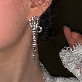 Inateannal Vintage Crystal Chandelier Drop Earrings Long Rhinestone Chain Earrings Silver Cz Bow Tassel Earrings Sparkly Bridal Tennis Chain Earrings Jewelry for Women and Girls