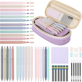 SKYDUE Pack of 44 School Supplies Aesthetic with Large Capacity Pencil Case, 12 Pastel Highlighters, 11 Gel Pens, 6 Mechanical Pencils, Pen Set School Aesthetic School Stuff Astatic School Stuff