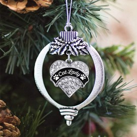 Inspired Silver - Cat Lady - Paw Prints - Silver Christmas Ornament - Pave Heart Charm Christmas Tree Ornament with Cubic Zirconia - Holiday Hanging Decoration