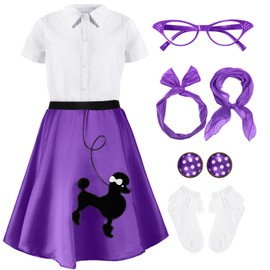 Silicherry 1950s Kids Poodle Skirt 50s Sock Hop Costume with Shirt Scarf Headband Earrings Glasses Socks(7-9 Years,Purple)