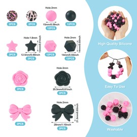 64Pcs Black Pink Silicone Beads Leopard Print Silicone Beads Star Octagon Rose Bowknot Silicone Focal Beads 15mm Silicone Beads for DIY Pen Garland Necklace Bracelet Jewelry Making