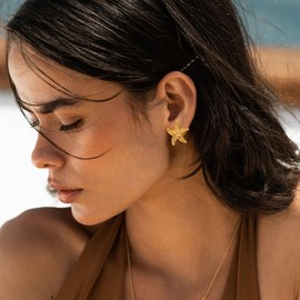 Biuwos Gold Plated Starfish Statement Earrings for Women Summer Starfish Studs Trendy Beach Jewelry