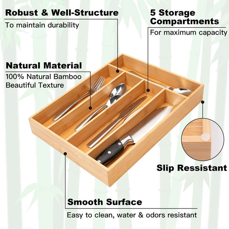 Besilord Silverware Organizer Kitchen Drawer Organizer Utensil Organizer Bamboo Silverware
