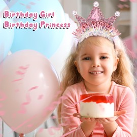 Zeyune 4th Birthday Crown Headband for Girls, Birthday Girl Headband, Princess Tiara Glitter Pearl Hair Band, Happy Birthday Decorations and Gifts Hair Accessories for 6 Year Old Party
