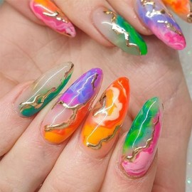 Press on Nails Almond Medium Length-Glossy Full Cover Acrylic False Nails with Marble and Gold Line Designs Artificial Pointed Almond Fake Nails with Charms Glue on Fingernails for Women Girls