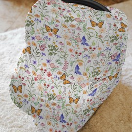 Vintage Wildflowers Butterflies Car Seat Cover for Babies Colorful Spring Blossoms Stretchy 5-in-1 Cover Adjustable Infant Carseat Canopy Cover Retro Wild Plant Breathable Nursing Cover-Up