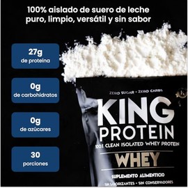 KING PROTEIN  Protena de suero sin sabor  27 g de protena con BCAA  Para antes y despus del entrenamiento  Sin carbohidratos, conservantes, soja ni...