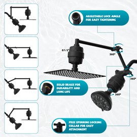 Filtered Shower Head Combo, 10" High Pressure Rainfall Shower Head with 7-Setting Fixed Shower, 16" Adjustable Foldable Shower Extension Arm, 20 Stage Shower Filter, Black