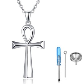 KINGWHYTE Urn Necklaces for Ashes 925 Sterling Silver Egyptian Ankh Cross Cremation Jewellery for Mum Dad Dog in Memory Gift