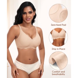 DOCUMO Bras for Women Scalloped No Underwire Wireless Seamless Bra with Lift and Support Adjustable Soft Semi-Fixed Pads Bralettes(Nude,Medium)
