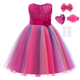 Mecamelon Little Girl's Sequin Sleeveless Mesh Rainbow Party Wedding Flower Dress with Accessories (5-6 Years, Rose)