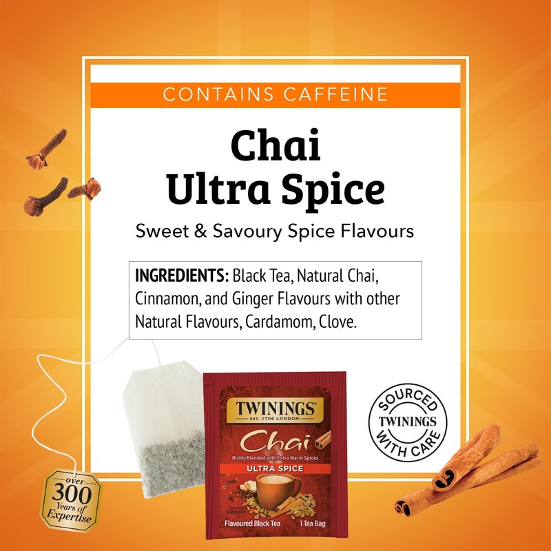 Twinings Ultra Spice Chai Black Tea Individually Wrapped Bags, 20
