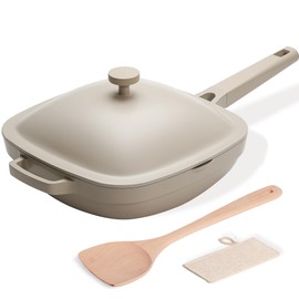 USELUCK 10.5 Inch(3.8QT) Ceramic Pan with Lid,Non Stick Frying Pans Cast Aluminum Deep Sauté Pans,Ti-Ceramic Non Toxic Pix Pan with Wooden Spatula and Scrubber-Morning Mist