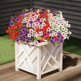 UV Resistant Artificial Outdoor Flowers, 12 Bundles Fake Outdoor Silk Flowers Fade Resistant Faux Flowers Plants for Outside Planters, Window Box, Porch Decor-Purple