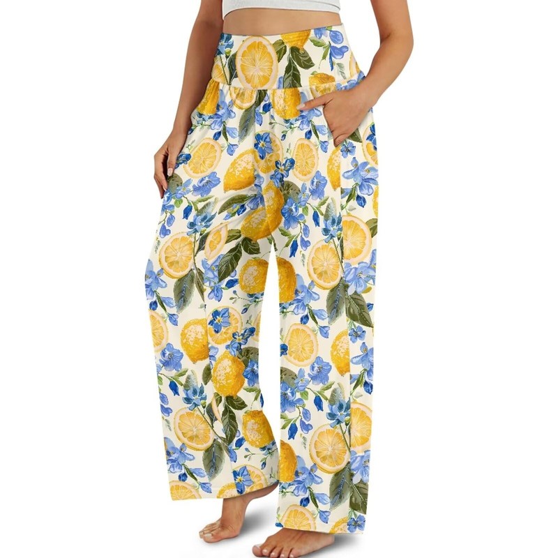 ZWPINITUP Lemon Blue Flower Women's Elastic High Waist 3D Print