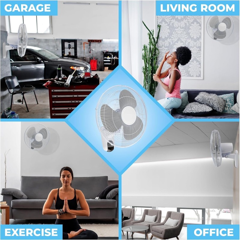 EZ-CHILL 16" Oscillating Wall Mount Fan with Remote Control, Timer,